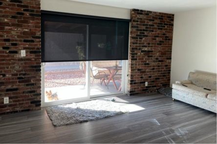 View from inside Malibu living room, screen roller shades partially down, sunlight streaming onto the rug